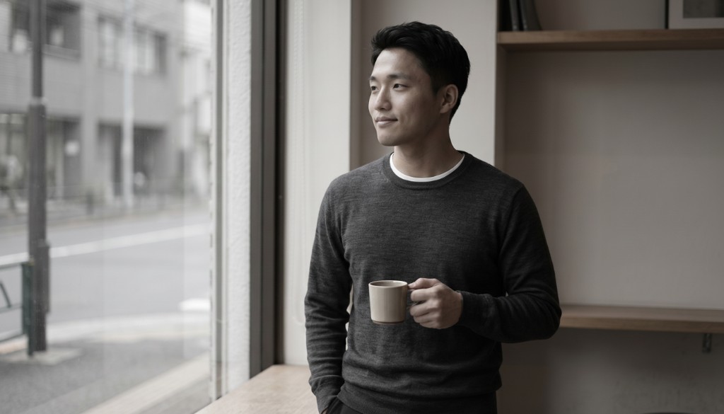 Portrait of James Hayashi, Lead AI Engineer, standing by a window in a quiet Tokyo cafe on an overcast afternoon, holding a ceramic coffee mug and glancing out toward the street