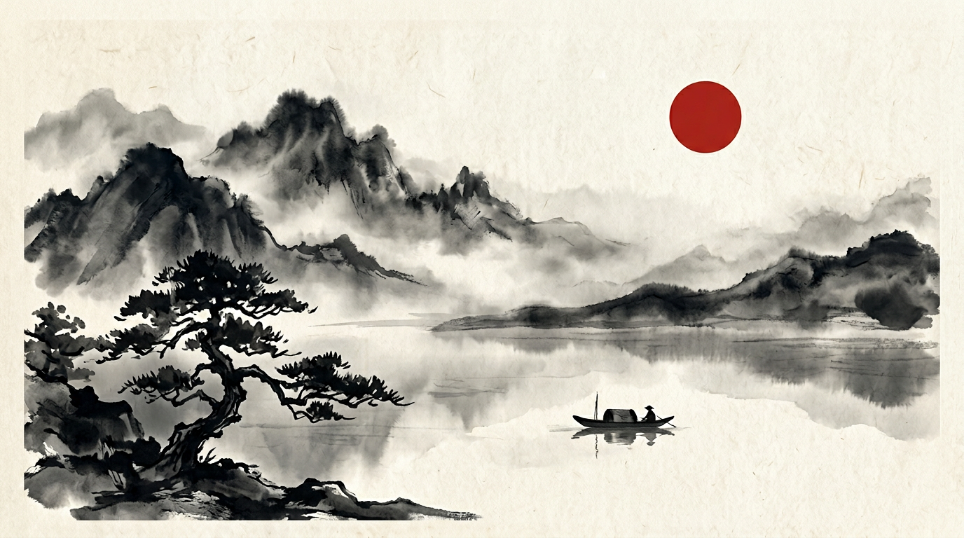 Sumi-e ink wash landscape of mountains, mist, and a red sun