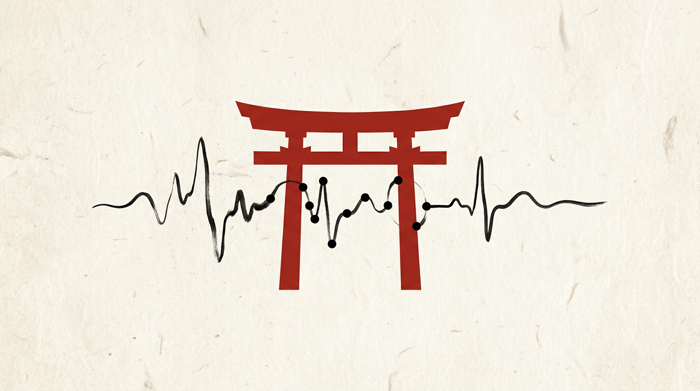 Minimalist illustration of a red torii gate guarding a heartbeat waveform, symbolizing clinical AI safety