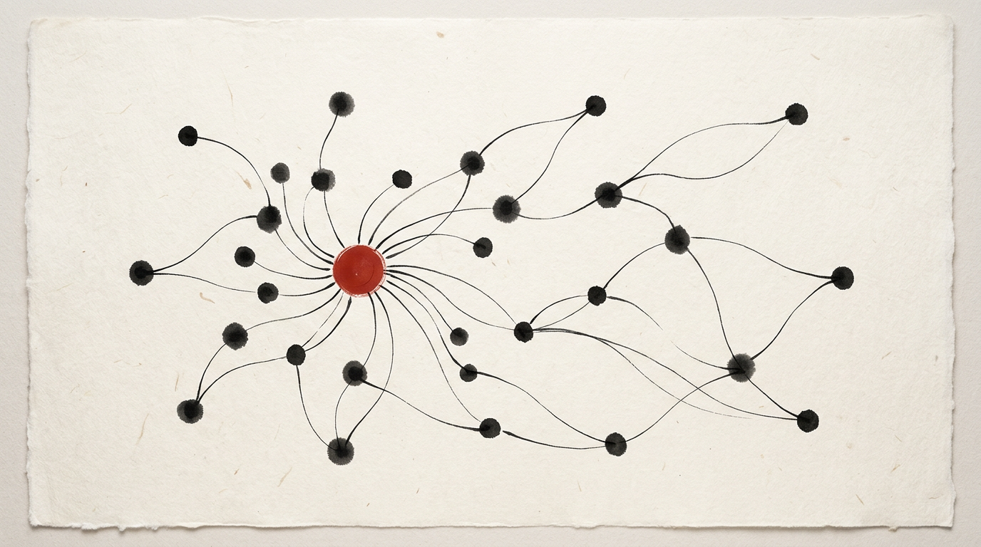 Biomedical knowledge graph with thousands of interconnected nodes and a central red focal node