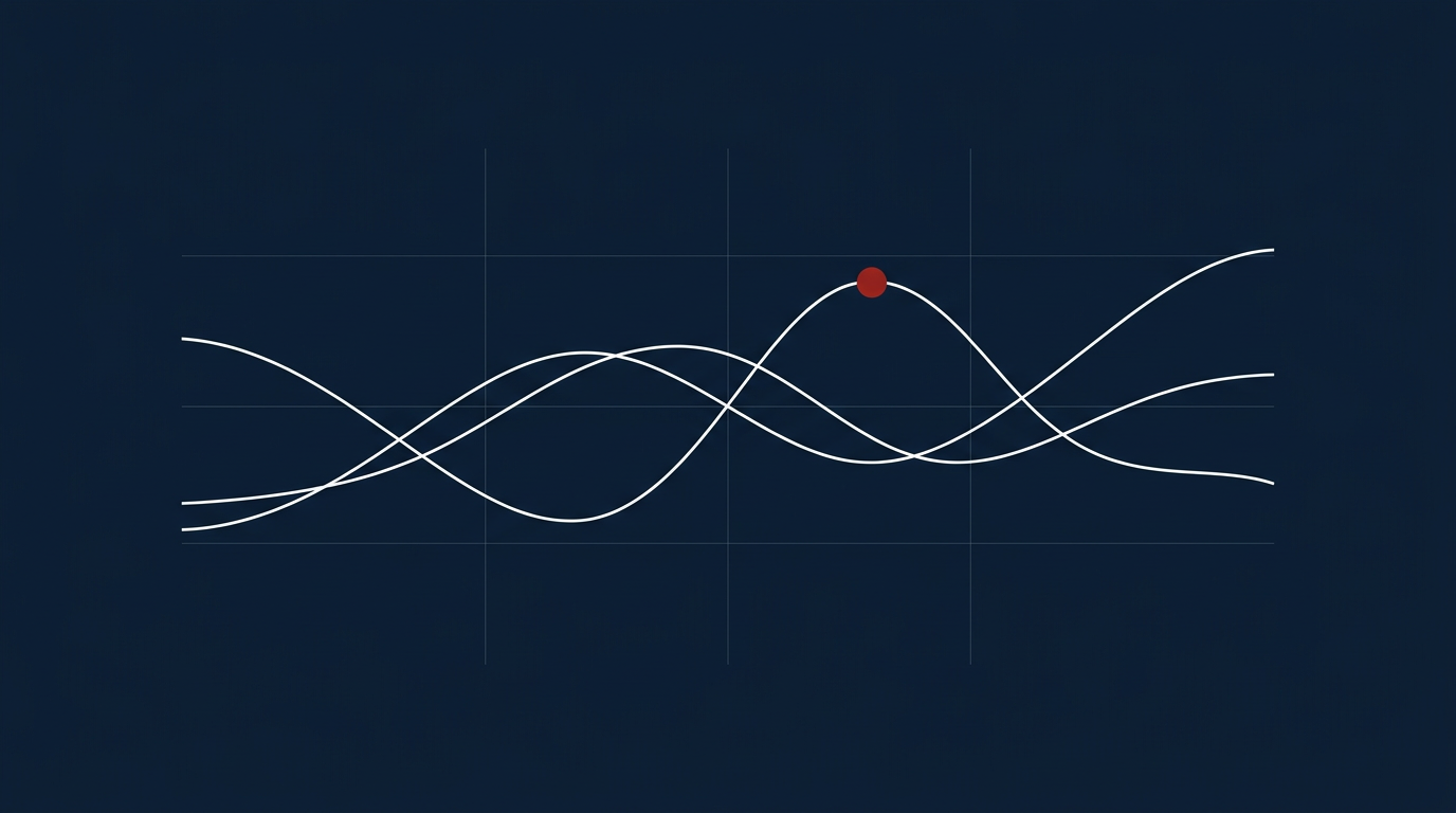 Dark analytics dashboard with white data curves and red highlight node