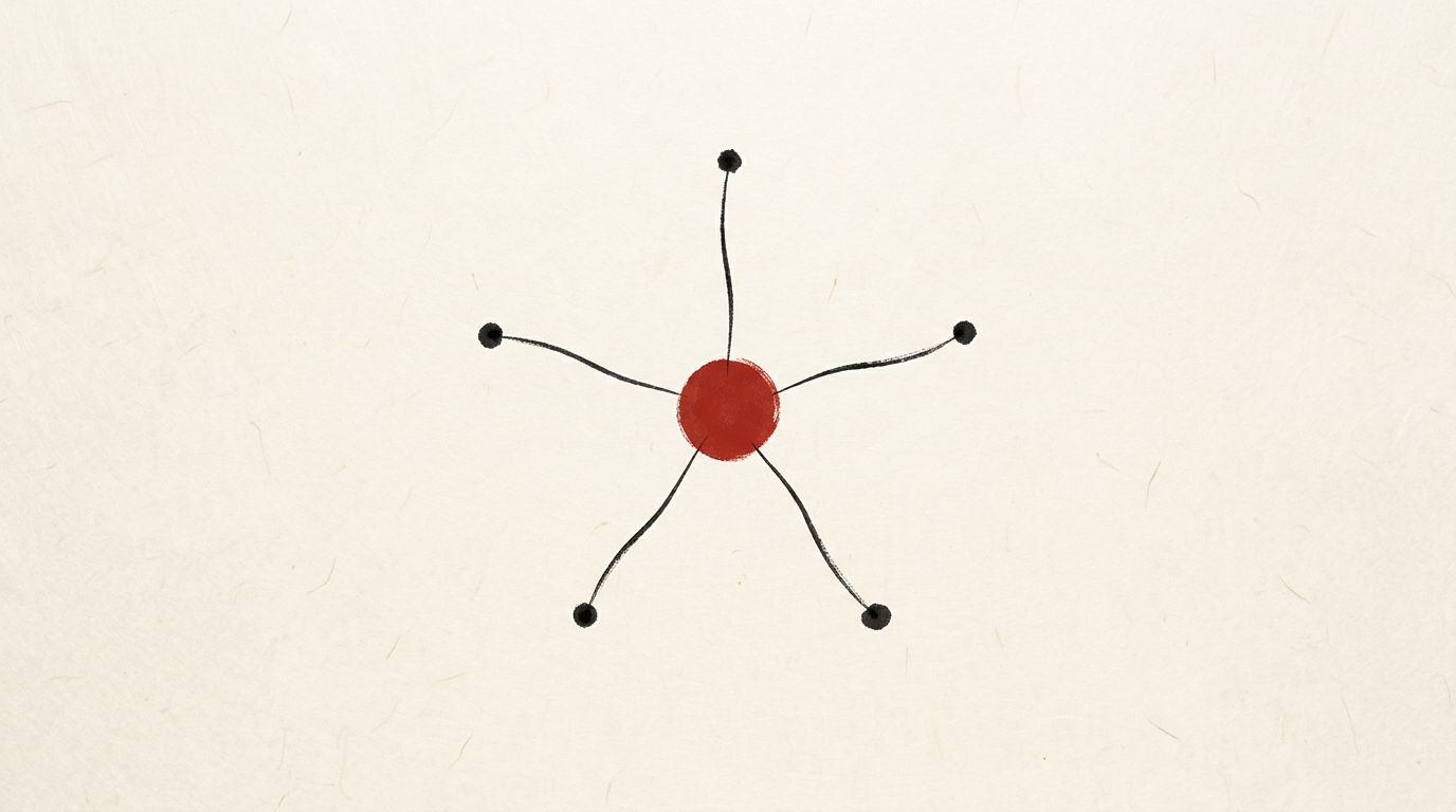 Minimalist sumi-e diagram of a red central agent connected to five satellite nodes